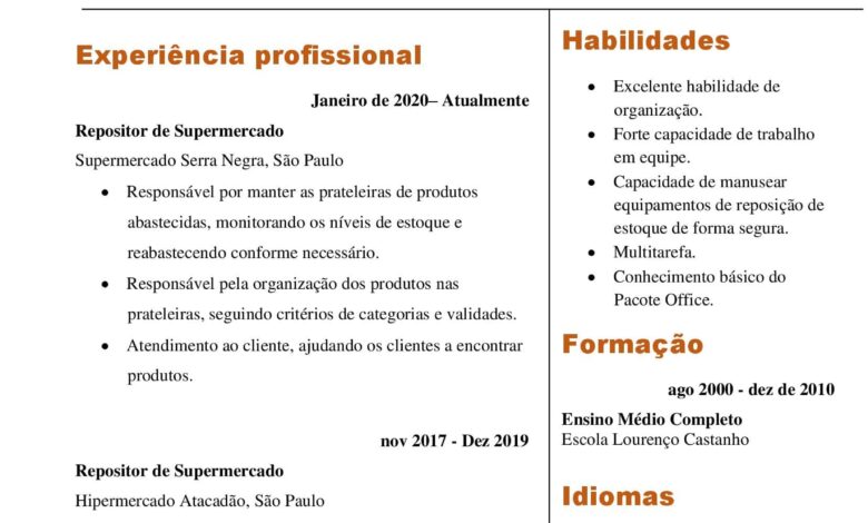 modelo de currículo de repositor de supermercado