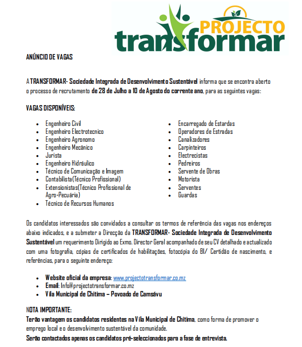A TRANSFORMAR- Sociedade Integrada de Desenvolvimento Sustentável, Abre (20) Vagas de emprego em Diversas áreas