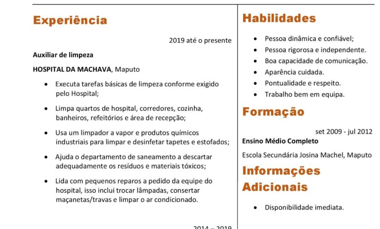 Currículo Para Auxiliar de Limpeza Pronto em Word