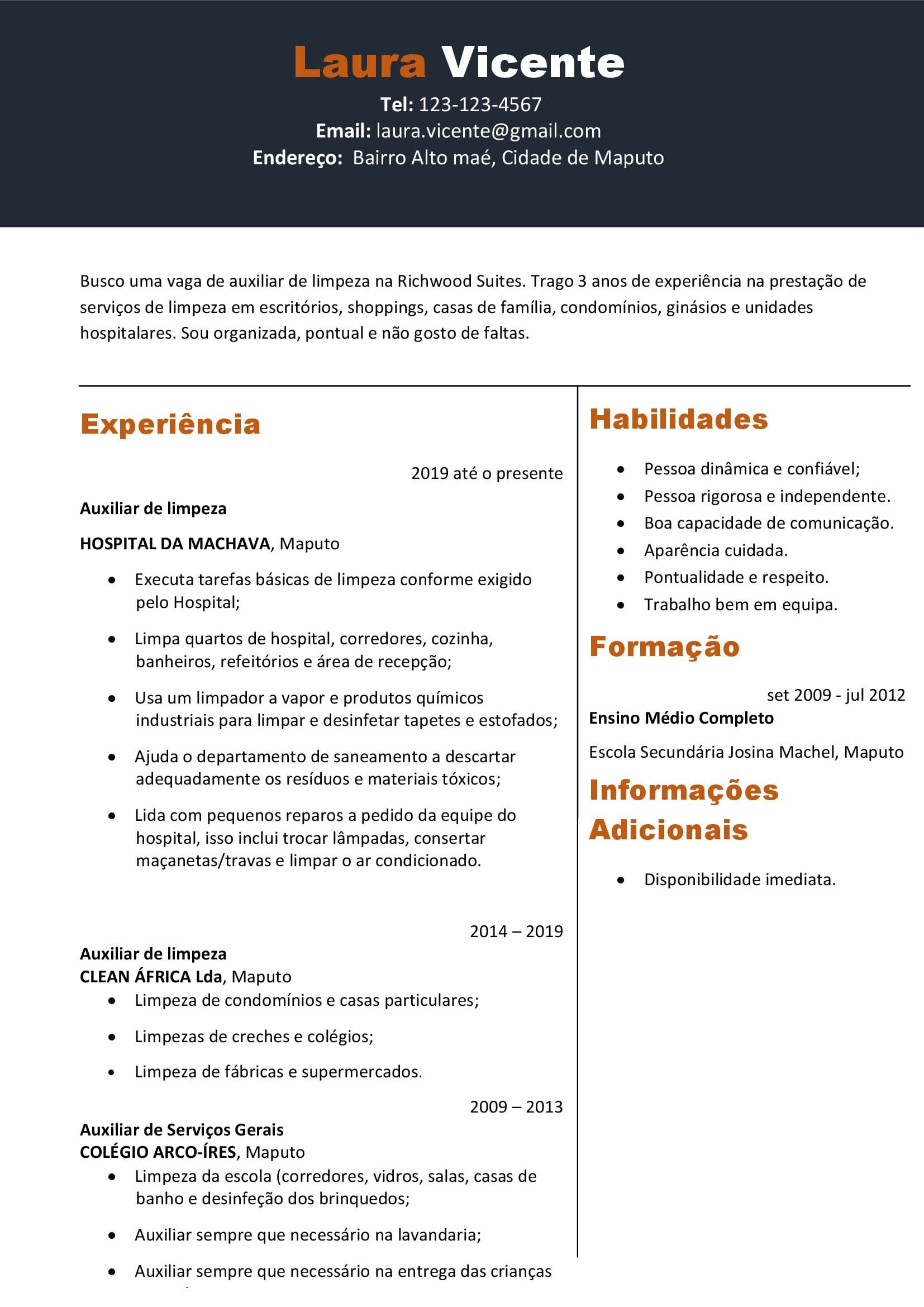 Currículo Para Auxiliar de Limpeza Pronto em Word