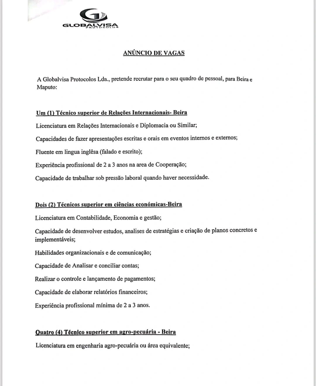Vaga – (2) Técnicos superiores de informática – Maputo