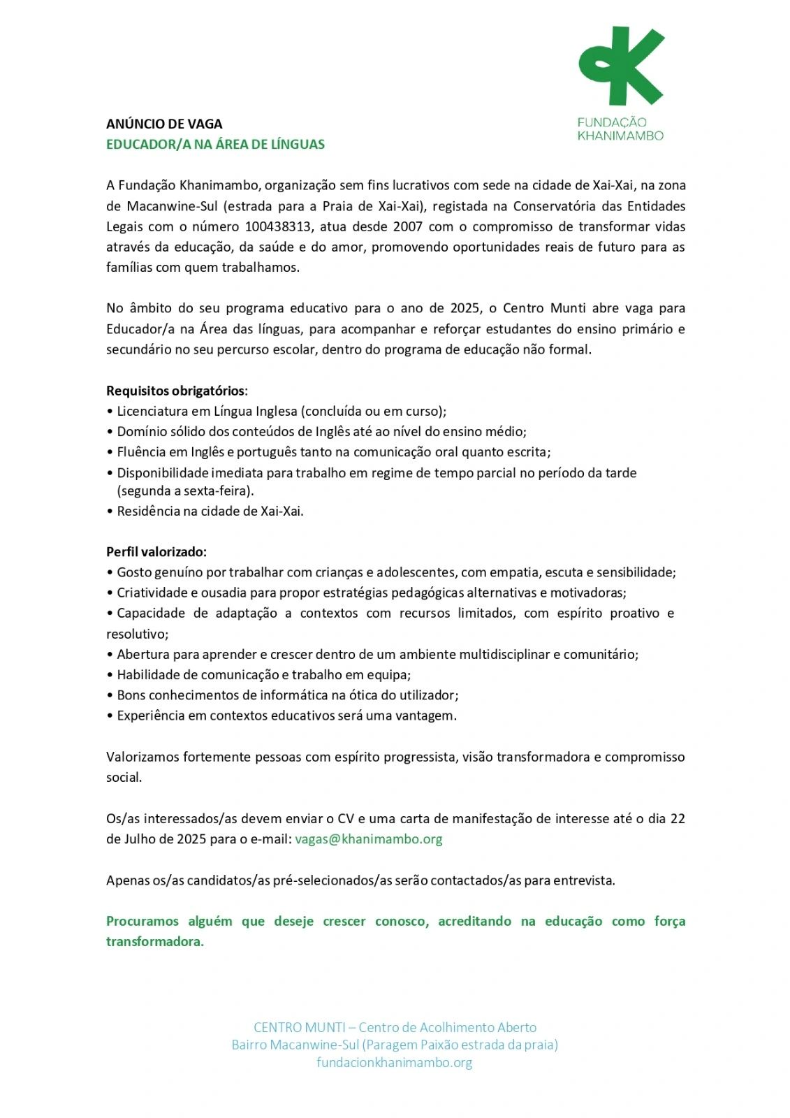 Vaga – Educador/a na Área das línguas