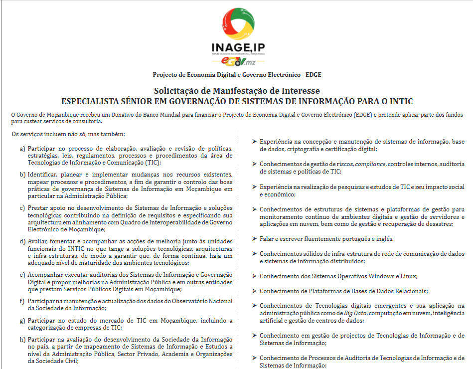Vaga – Especialista Sénior em Governação de Sistemas de Informação Para o INTIC