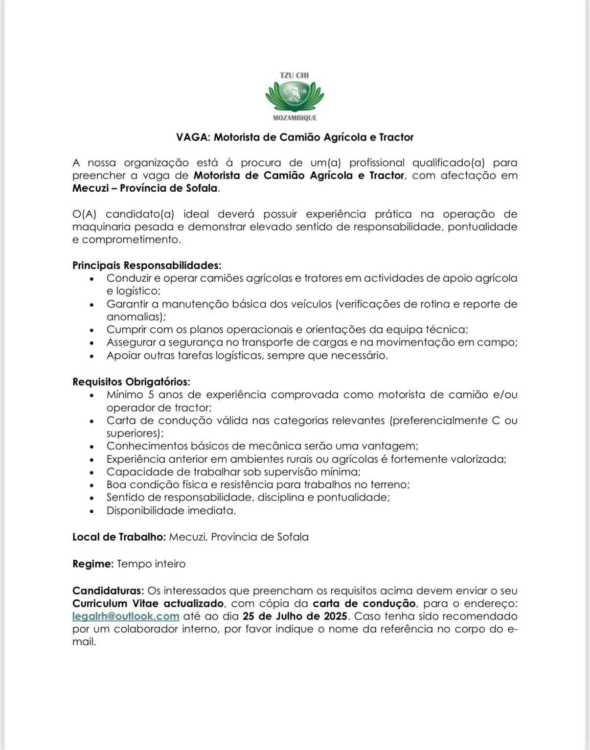 Vaga – Motorista de Camião Agrícola e Tractor