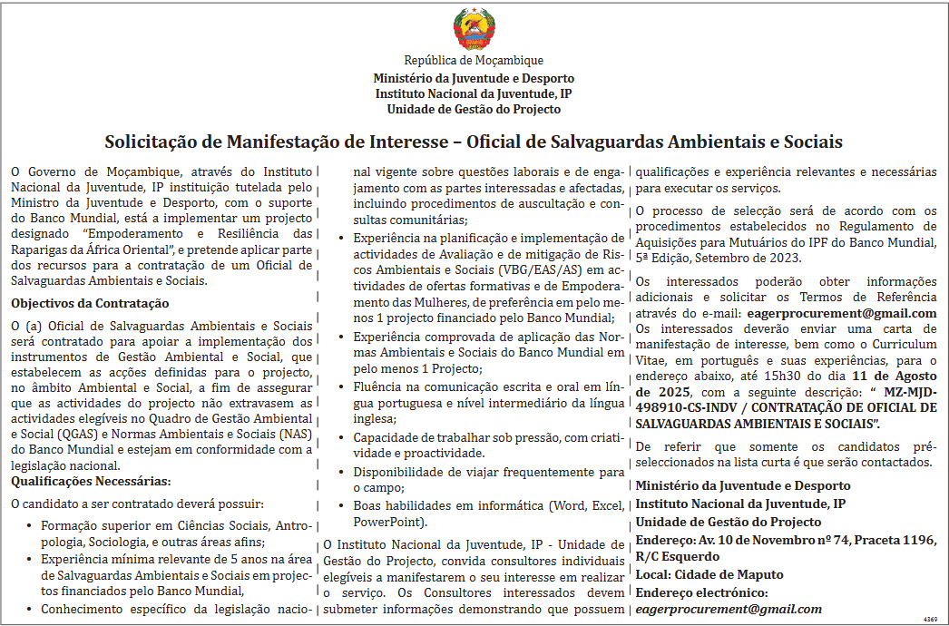 Vaga – Oficial de Salvaguardas Ambientais e Sociais