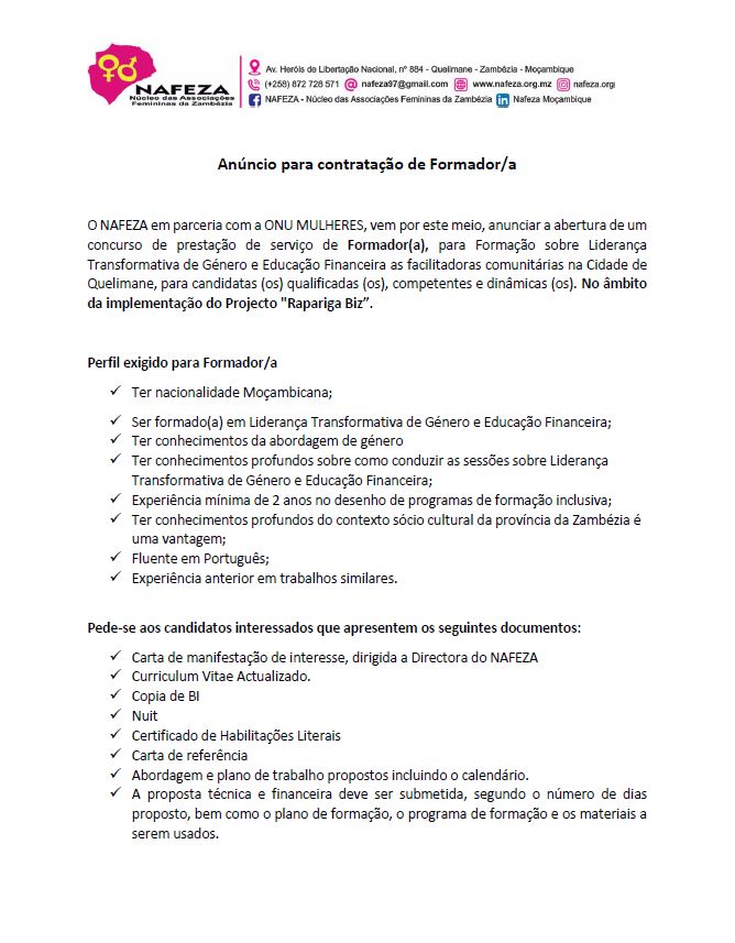 Vaga – Formador(a), para Formação sobre Liderança Transformativa de Género e Educação Financeira