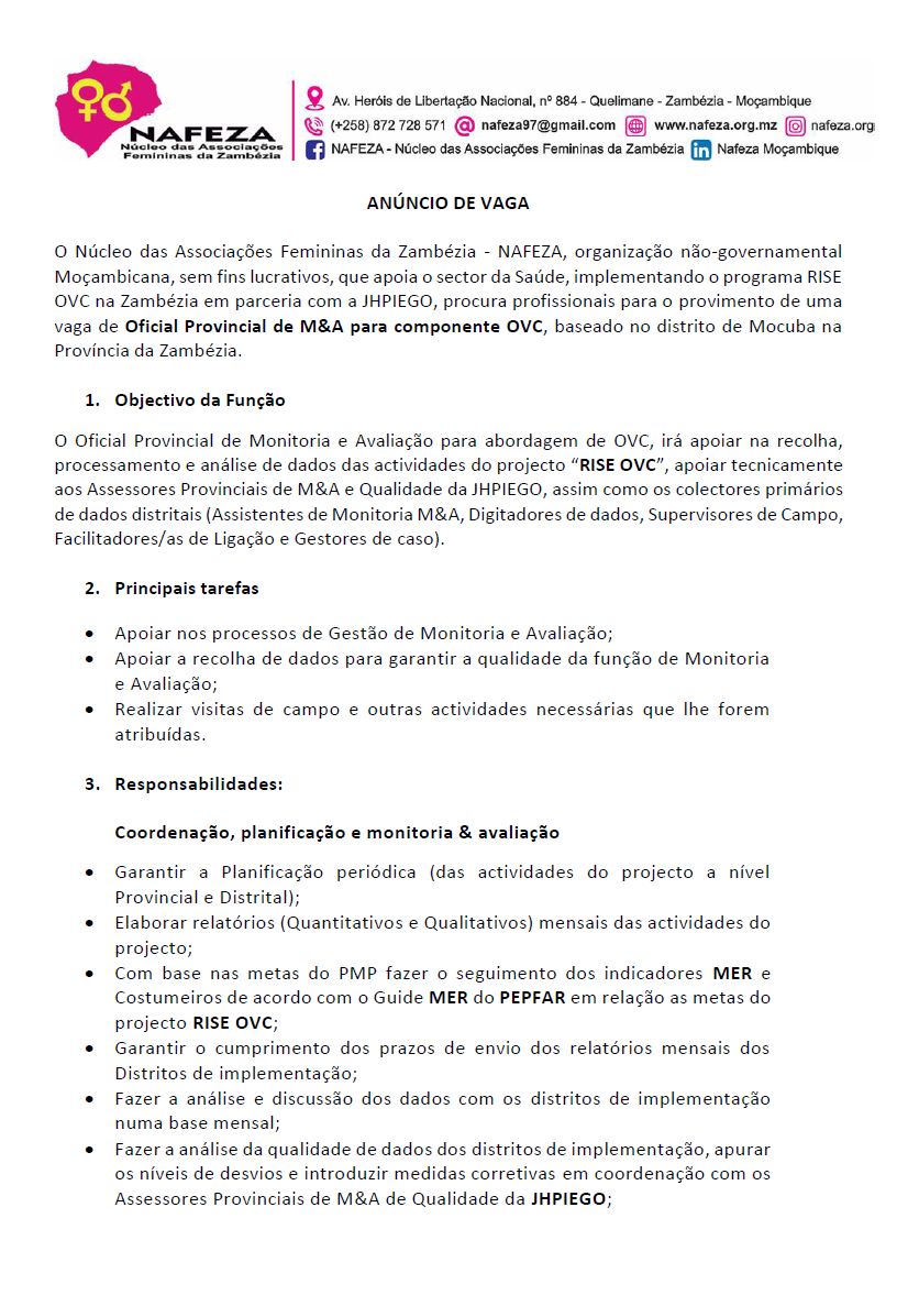 Vaga – Oficial Provincial de M&A para componente OVC