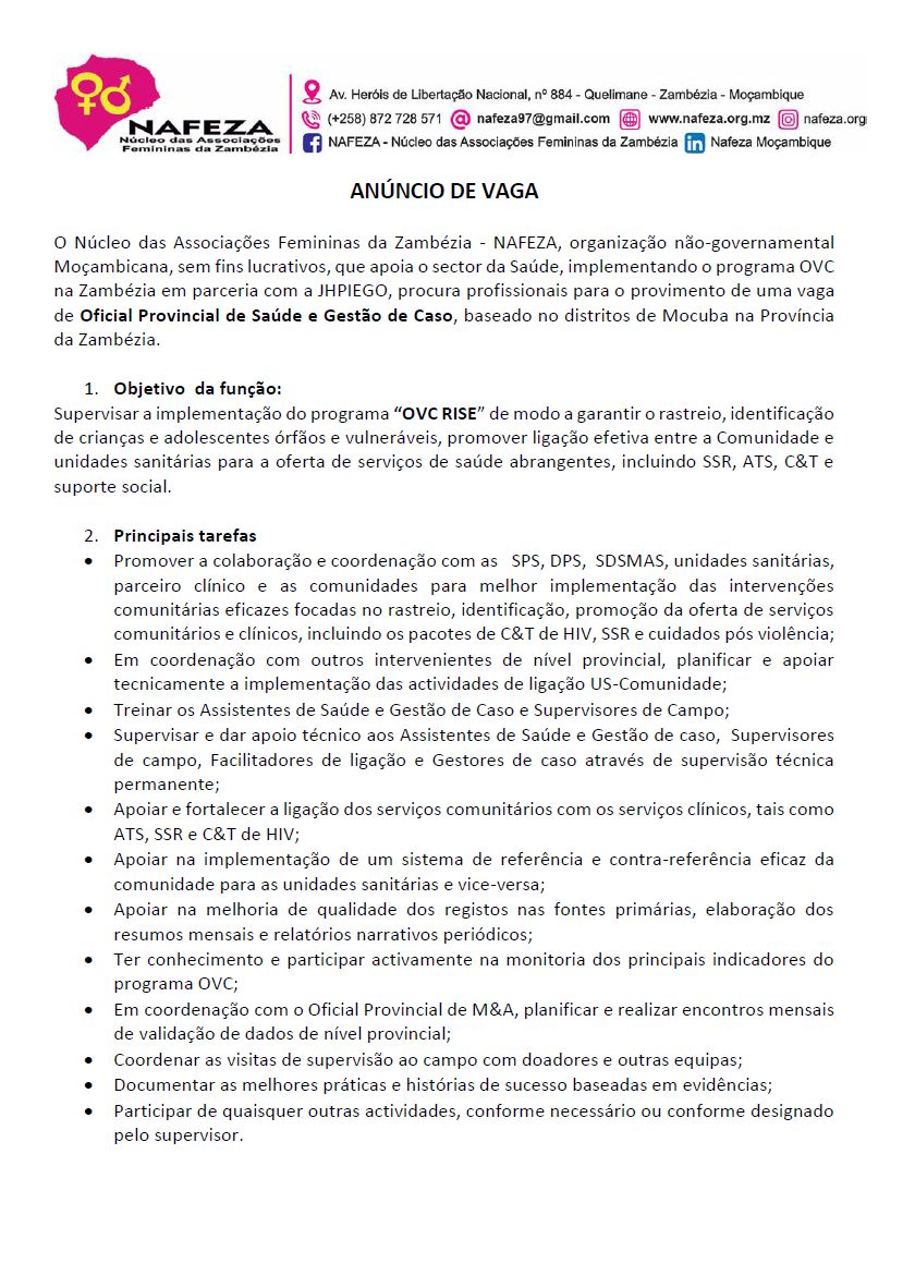 Vaga – Oficial Provincial de Saúde e Gestão de Caso