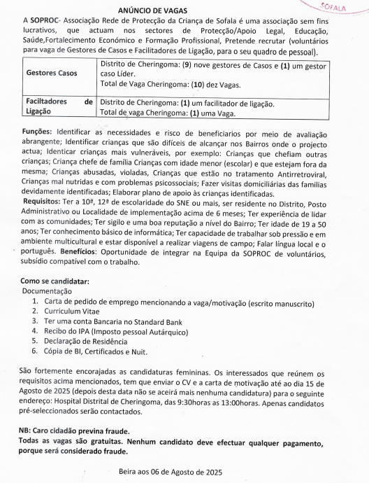 A SOPROC- Associação Rede de Protecção da Criança de Sofala, Abre (11) Vagas de emprego – (9) Gestores de Casos, (1) Gestor de caso Líder, e (1) Facilitador de ligação