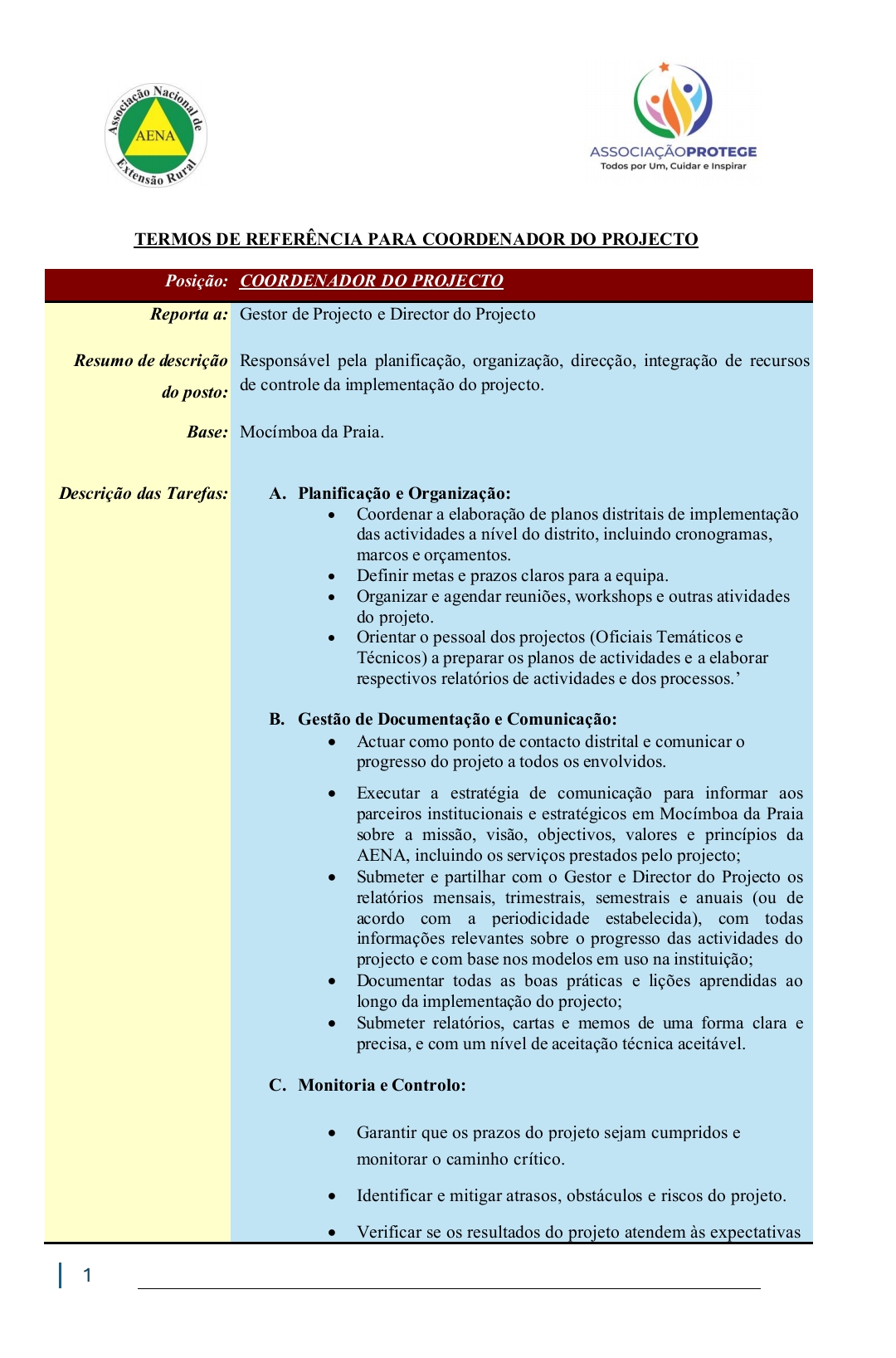 Vaga – Coordenador(a) do Projecto