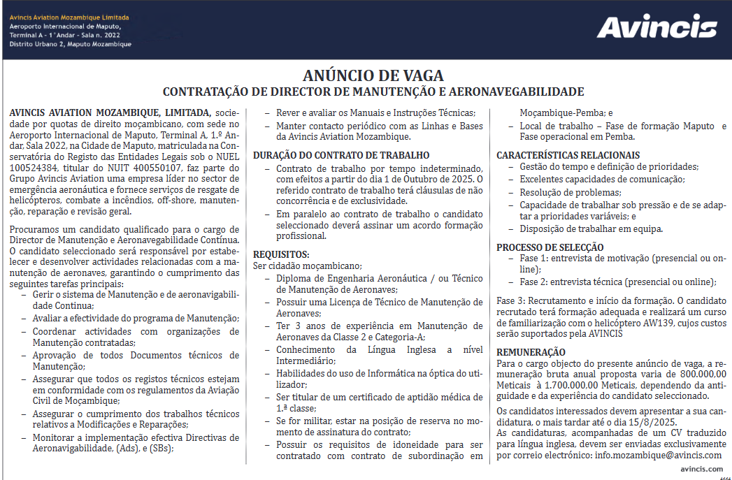 Vaga – Director de Manutenção e Aeronavegabilidade