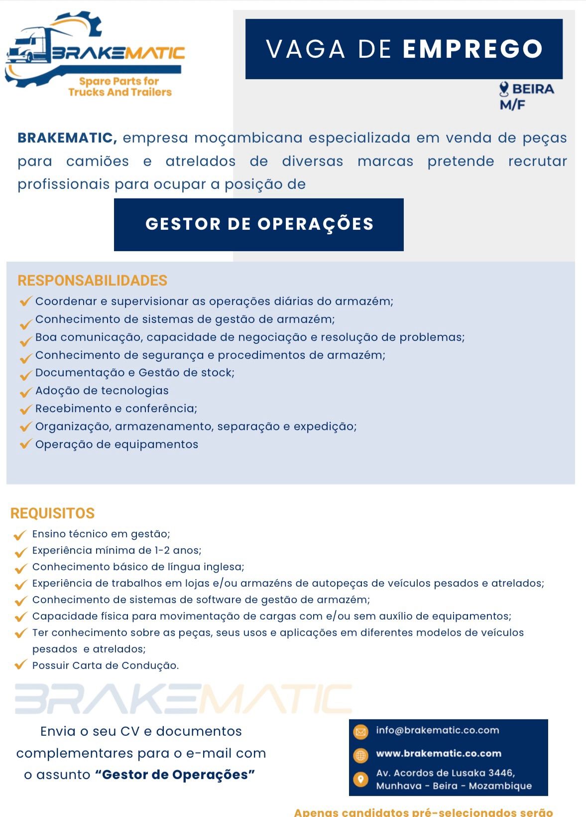 Vaga – Gestor De Operações (M/F)