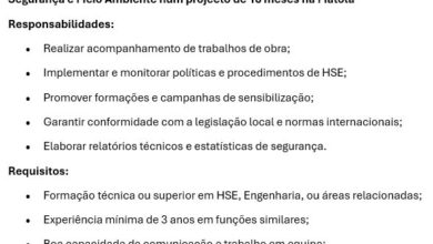 Vaga – HSE Officer (Técnico de Saúde, Segurança e Meio Ambiente) – Matola