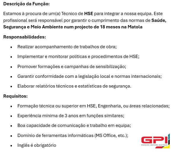 Vaga – HSE Officer (Técnico de Saúde, Segurança e Meio Ambiente) – Matola