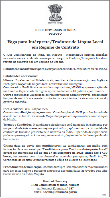 Vaga – Intérprete/Tradutor de Língua Local em Regime de Contrato
