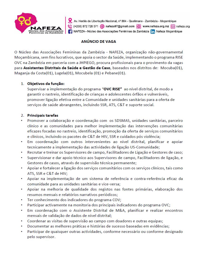 Vagas – (5) Assistentes Distritais de Saúde e Gestão de Caso