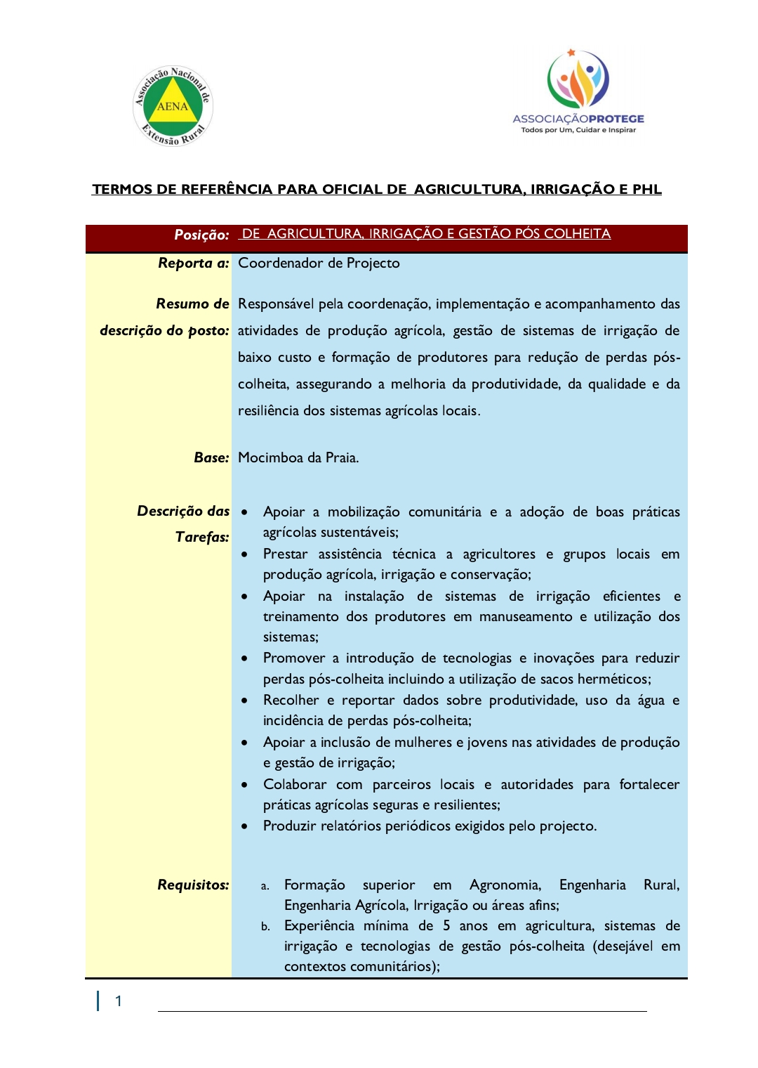 Vaga – Oficial de Agricultura, Irrigação e Gestão Pós-Colheita