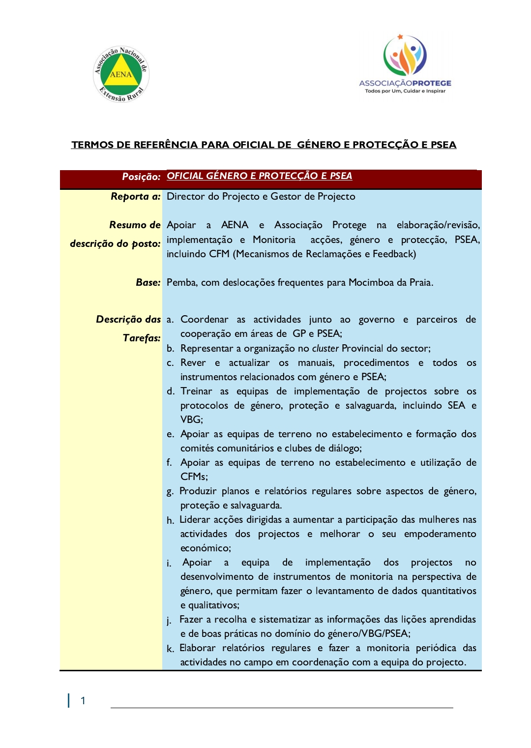 Vaga – Oficial de Género e Proteção e PSEA