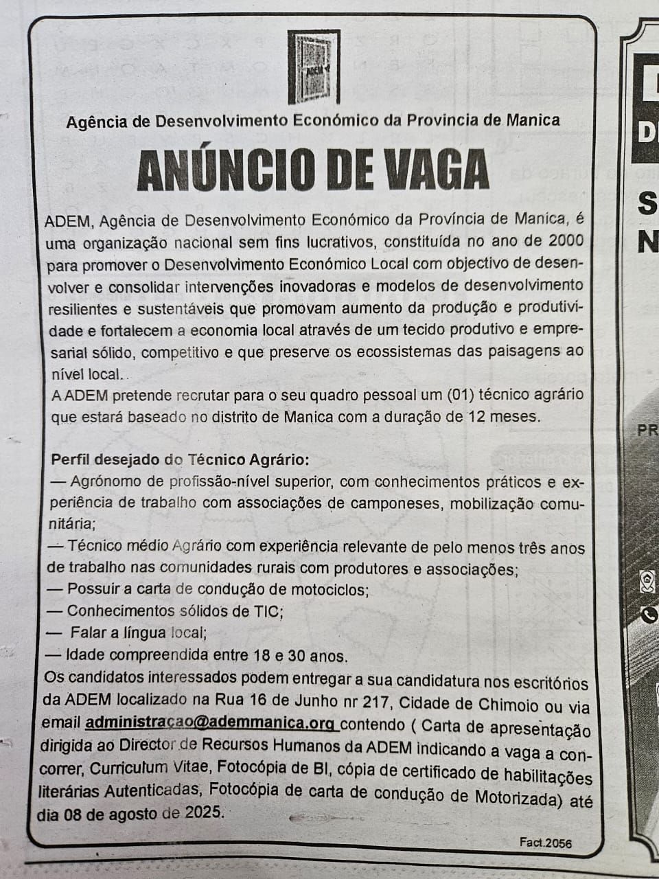 Vaga – Técnico Agrário