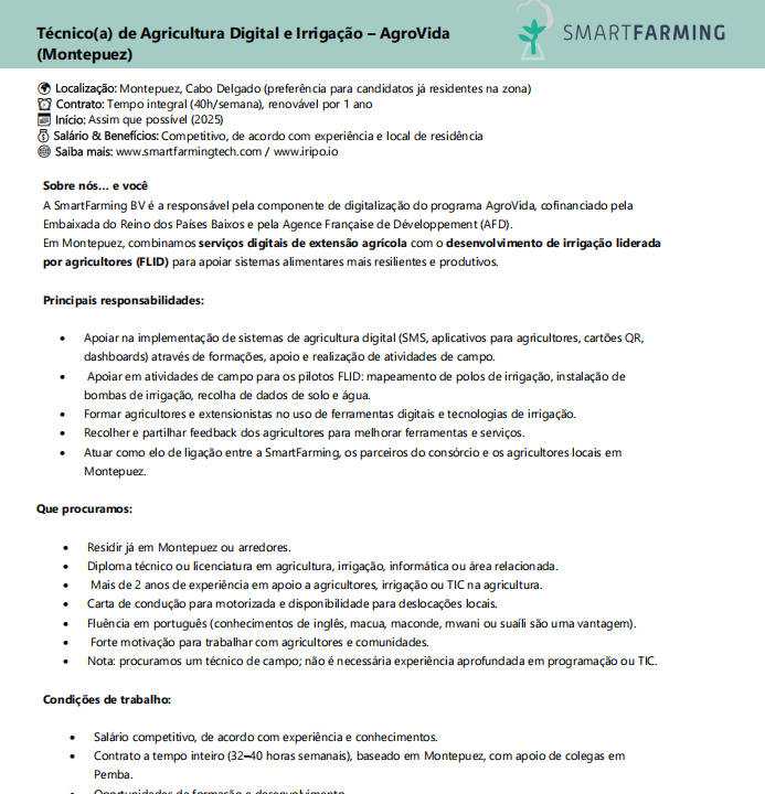 Vaga – Técnico(a) de Agricultura Digital e Irrigação