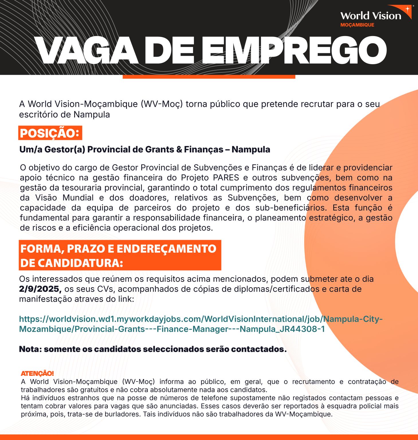 Vaga – Um/a Gestor(a) Provincial de Grants & Finanças – Nampula