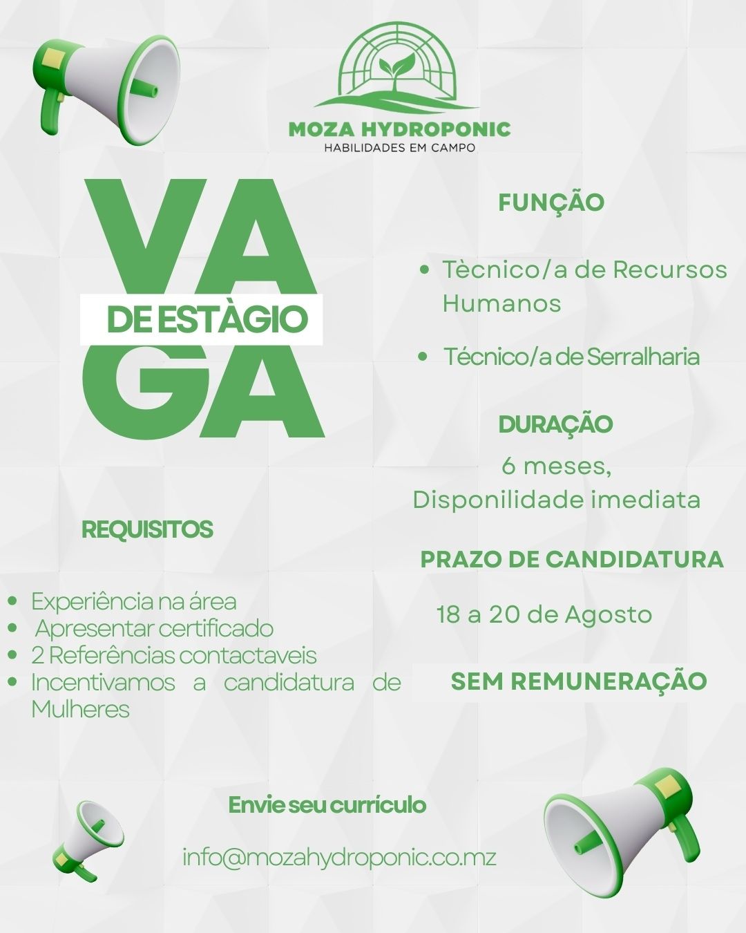 Vagas de estágio – Técnico/a de Recuros Humanos e 1 Técnico/a de Serralharia