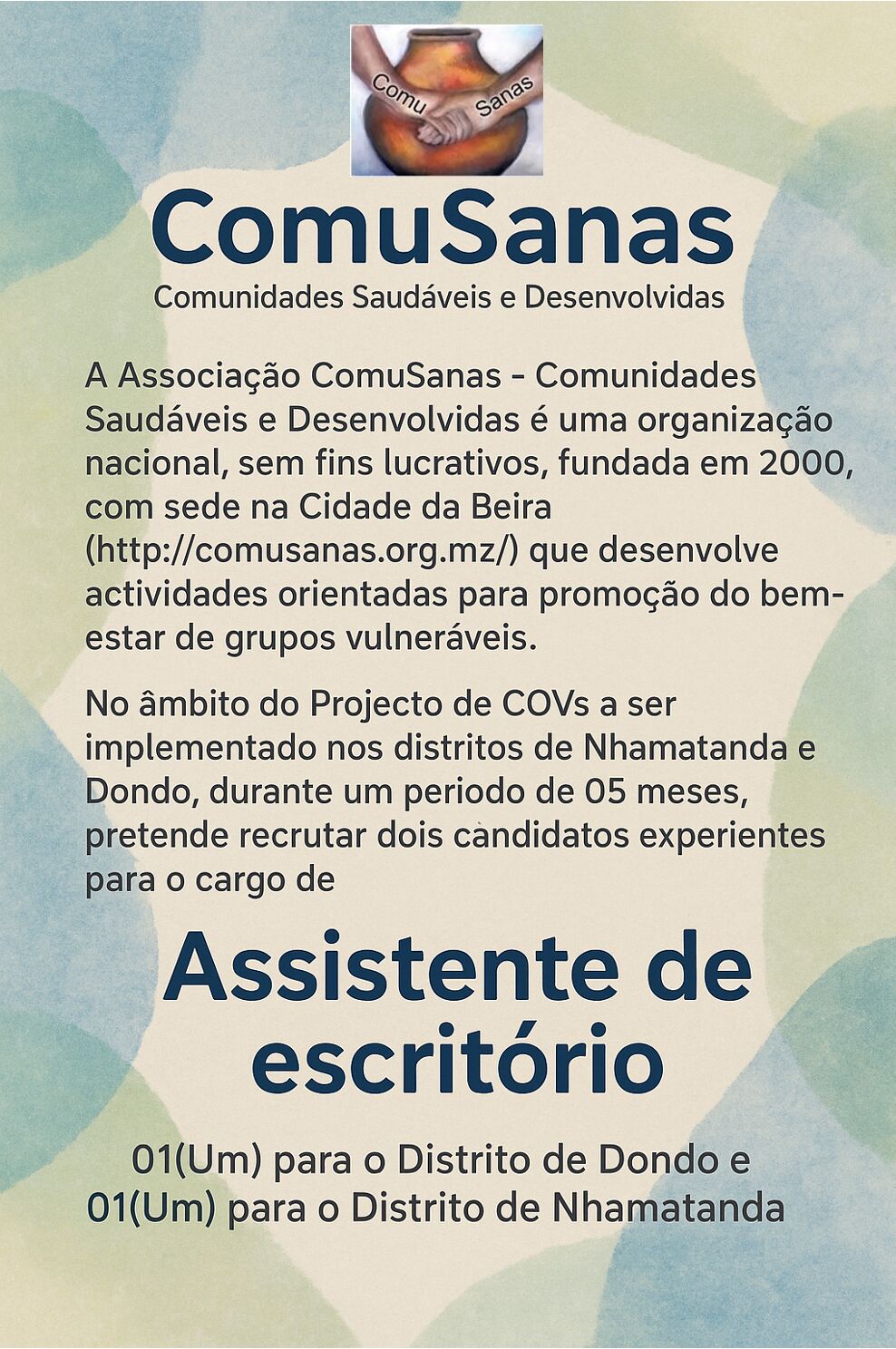Vagas – (2) Assistentes de escritório – Dondo e Nhamatanda