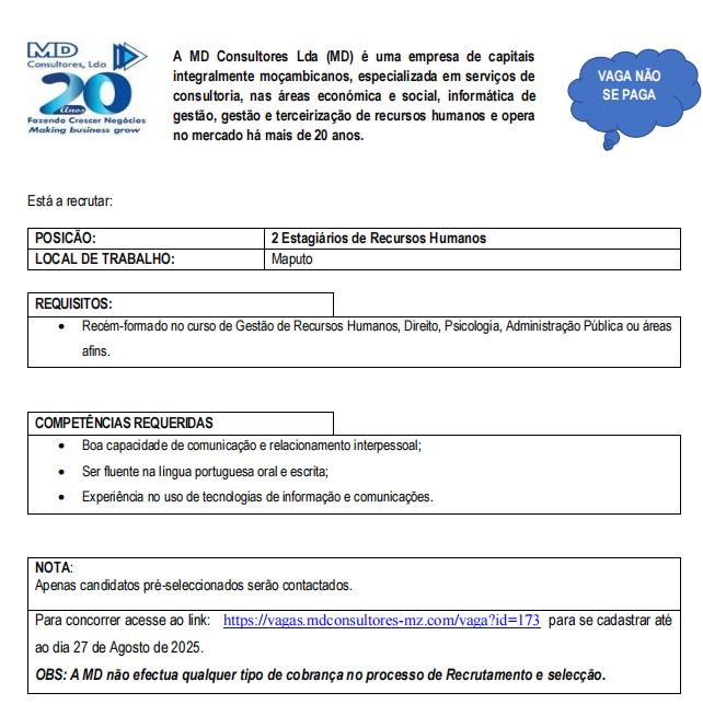 Vagas – (2) Estagiários de Recursos Humanos