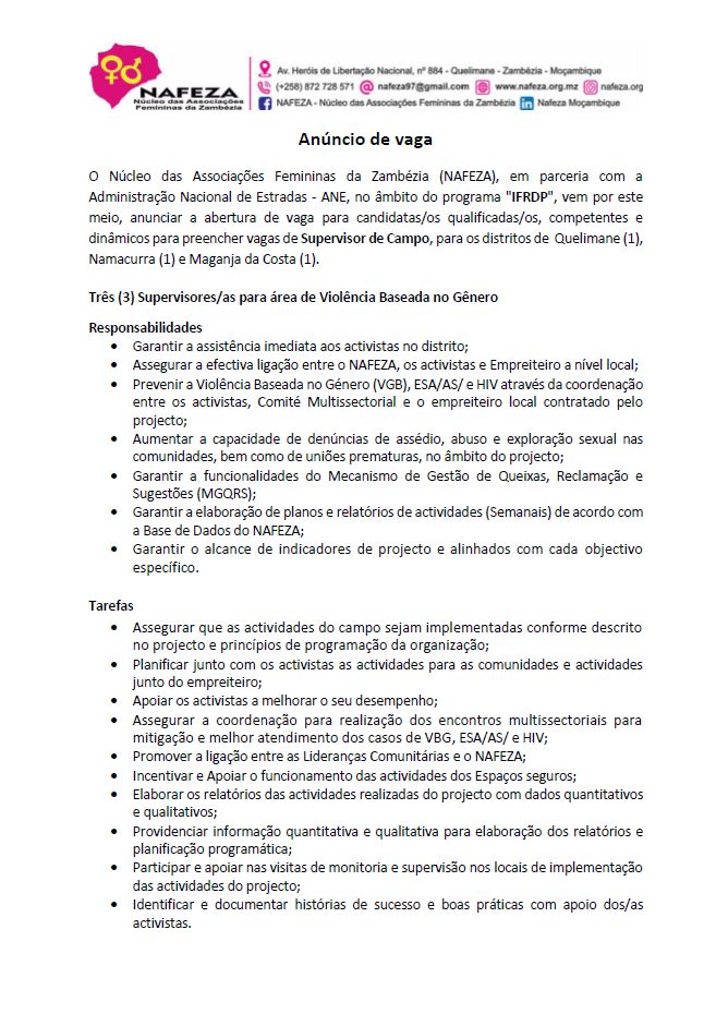 vagas – Supervisor de Campo – ( Nicoadala (1) e Lugela (1))