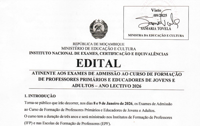 EDITAL IFP & EPF 2026: (3000) Vagas Para Curso de Formação de Professores Primários e Educadores de Jovens e Adultos