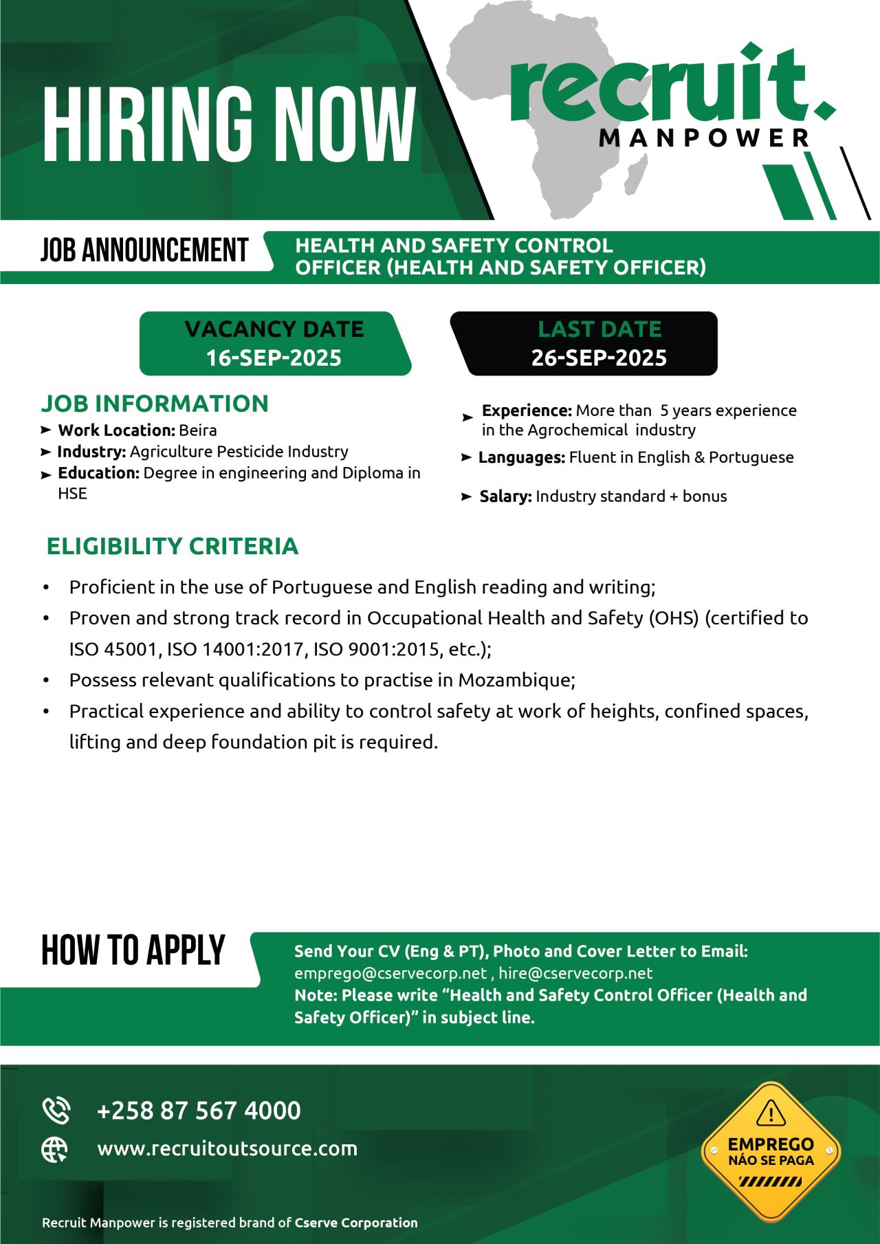 VAGA – HEALTH AND SAFETY CONTROL OFFICER