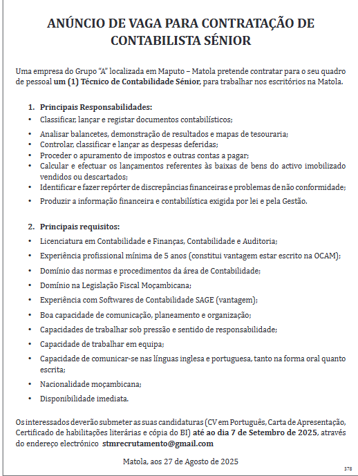 Vaga – Contabilista Sénior