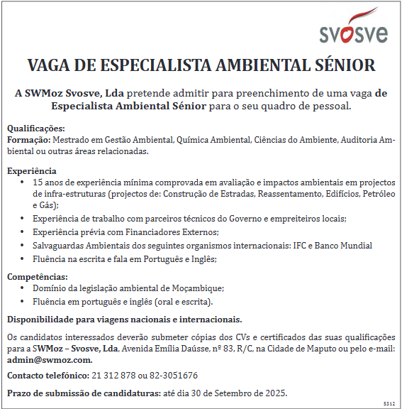 Vaga – Especialista Ambiental Sénior