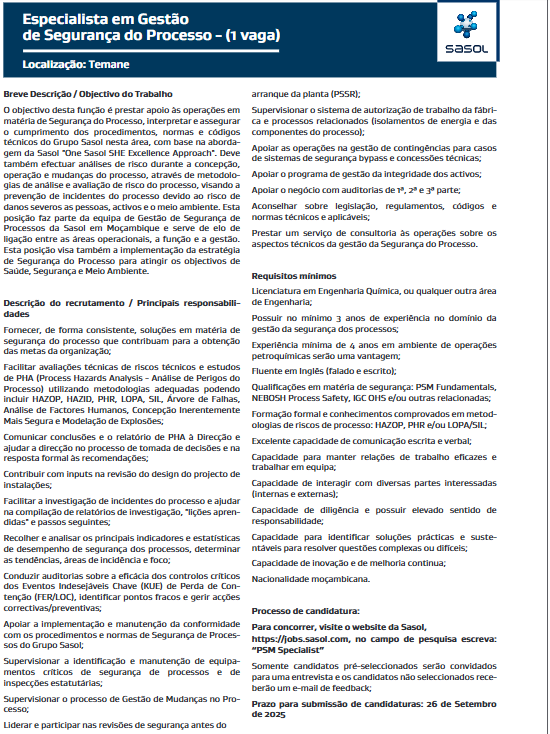 Vaga – Especialista em Gestão de Segurança do Processo – (1 vaga)