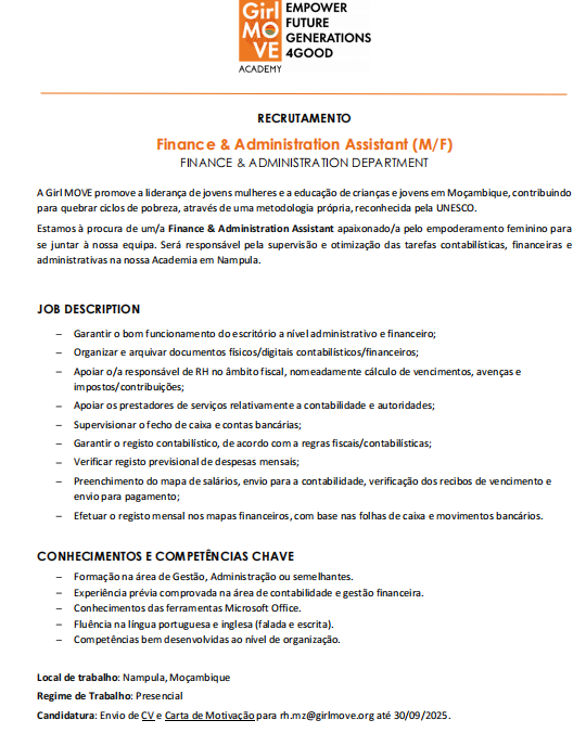 Vaga – Finance & Administration Assistant (M/F)