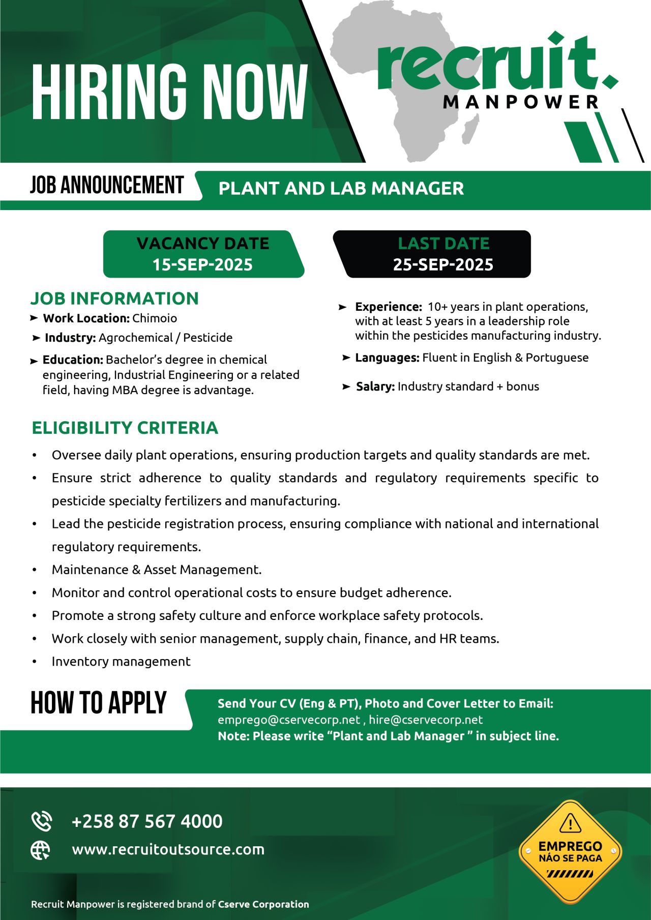 Vaga – PLANT AND LAB MANAGER