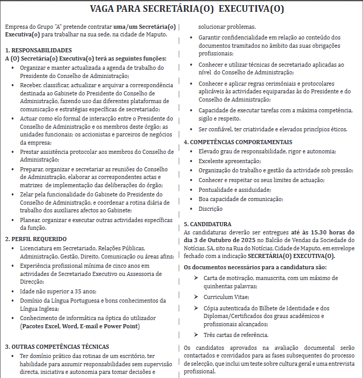 Vaga – Secretária(o) Executiva(o)