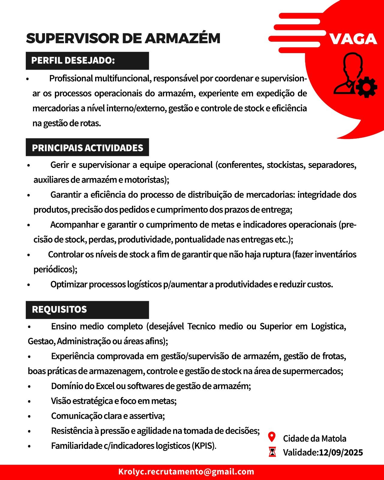 Vaga – Supervisor de Armazém