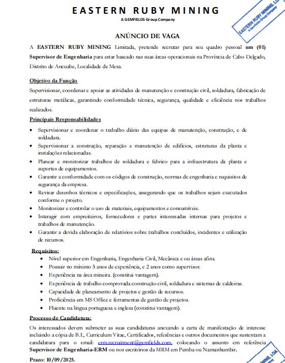Vaga – Supervisor de Engenharia