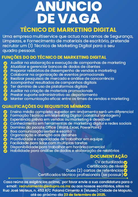Vaga – Técnico de Marketing Digital