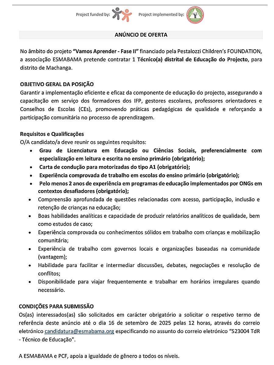 Vaga – Técnico(a) distrital de Educação do Projeto