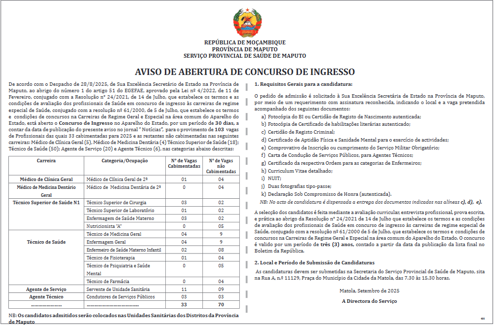 Vagas para (33) Profissionais de Saúde (Técnico Superior de Saúde N1; Técnico de Saúde; Agente de Serviço e Agente Técnico)