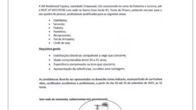 Vagas para  – Cozinheiro, Servente;  Padeiro;  Pasteleiro; Recepcionista; Fiel de Armazém; e Chele de sala;