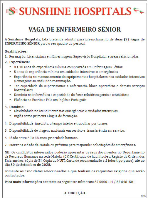 Vagas – (2) Enfermeiros Sénior