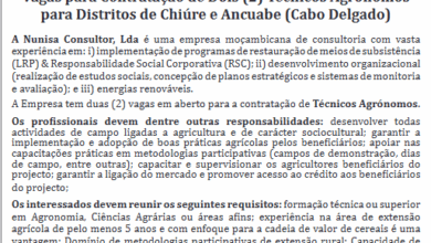 Vagas – (2) Técnicos Agrónomos Para Distritos de Chiúre (Cabo Delgado)