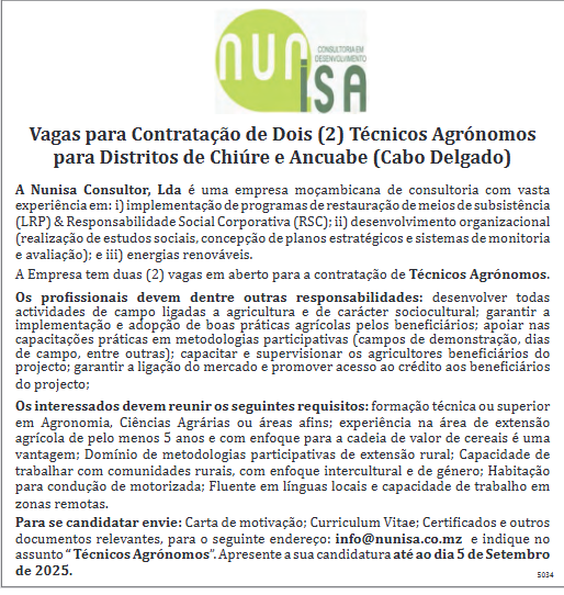 Vagas – (2) Técnicos Agrónomos Para Distritos de Chiúre (Cabo Delgado)