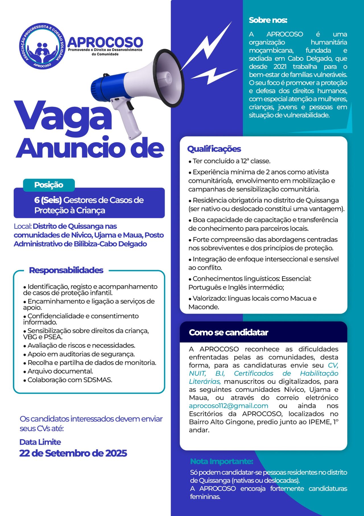 Vagas – (6) Gestores de Casos de Proteção a Criança