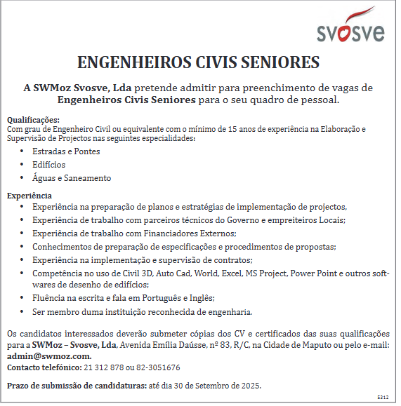 Vagas – Engenheiros Civis Seniores
