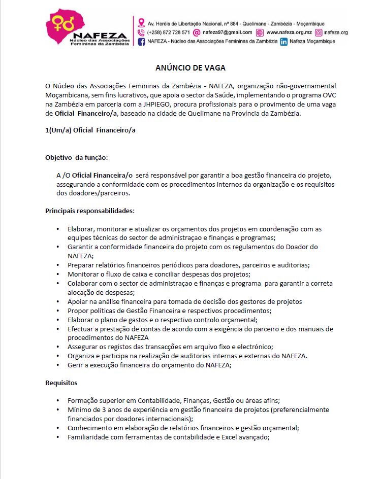 Vaga – Oficial Financeiro/a