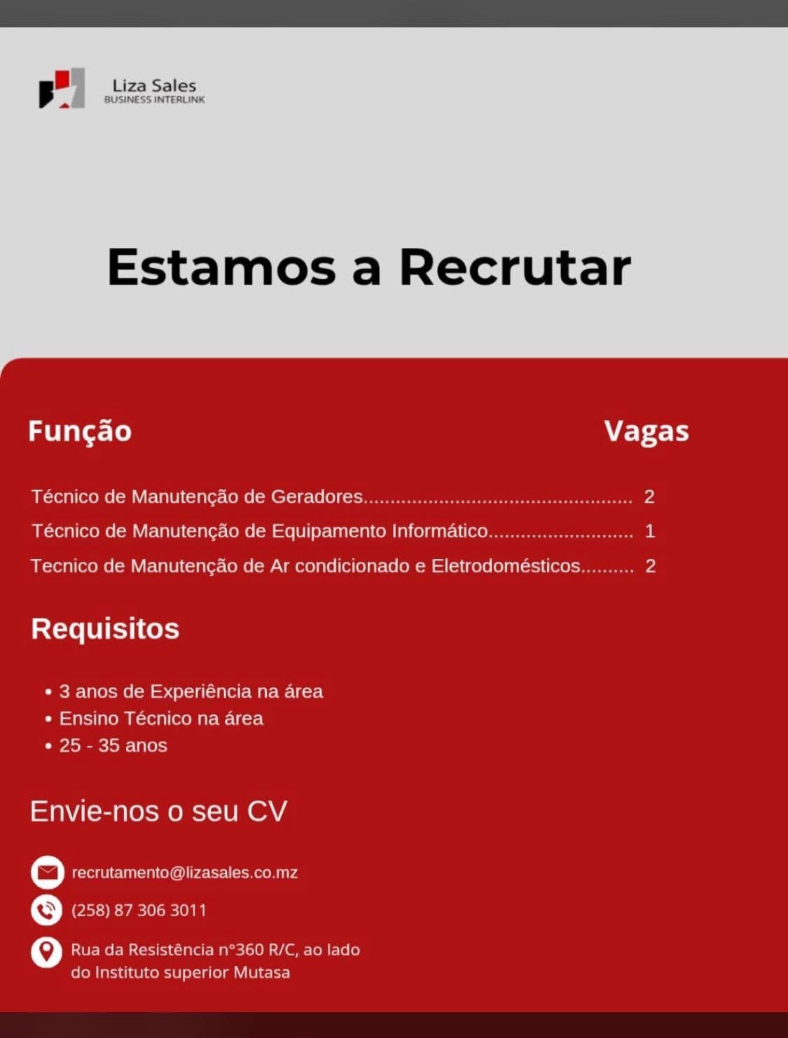 Liza Sales anuncia 5 vagas para técnicos em diversas áreas